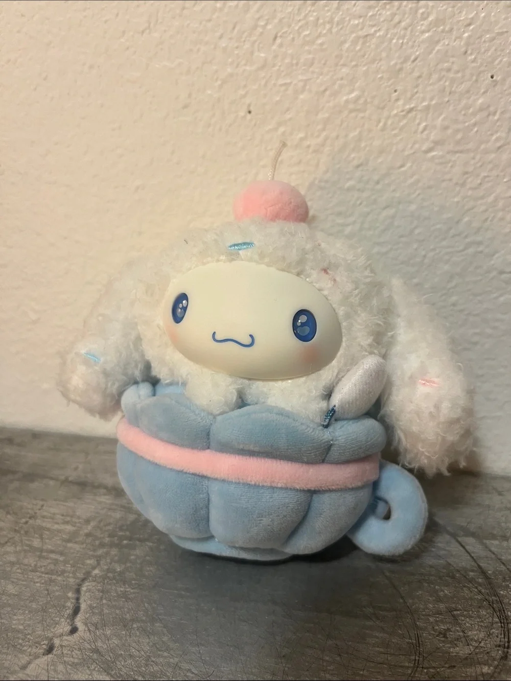 Plush Cinnamon Roll Blue Cup Stuffed Toy - White and Pink Accents